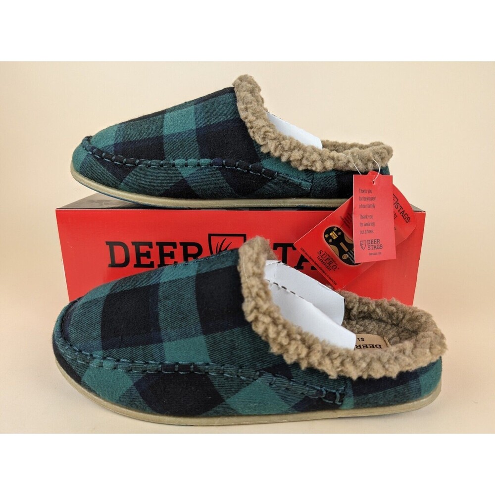 Deer Stags Slipperooz Nordic Slipper Mens 9 Green Black Plaid Faux Fur Shoes NWB - Picture 2 of 10